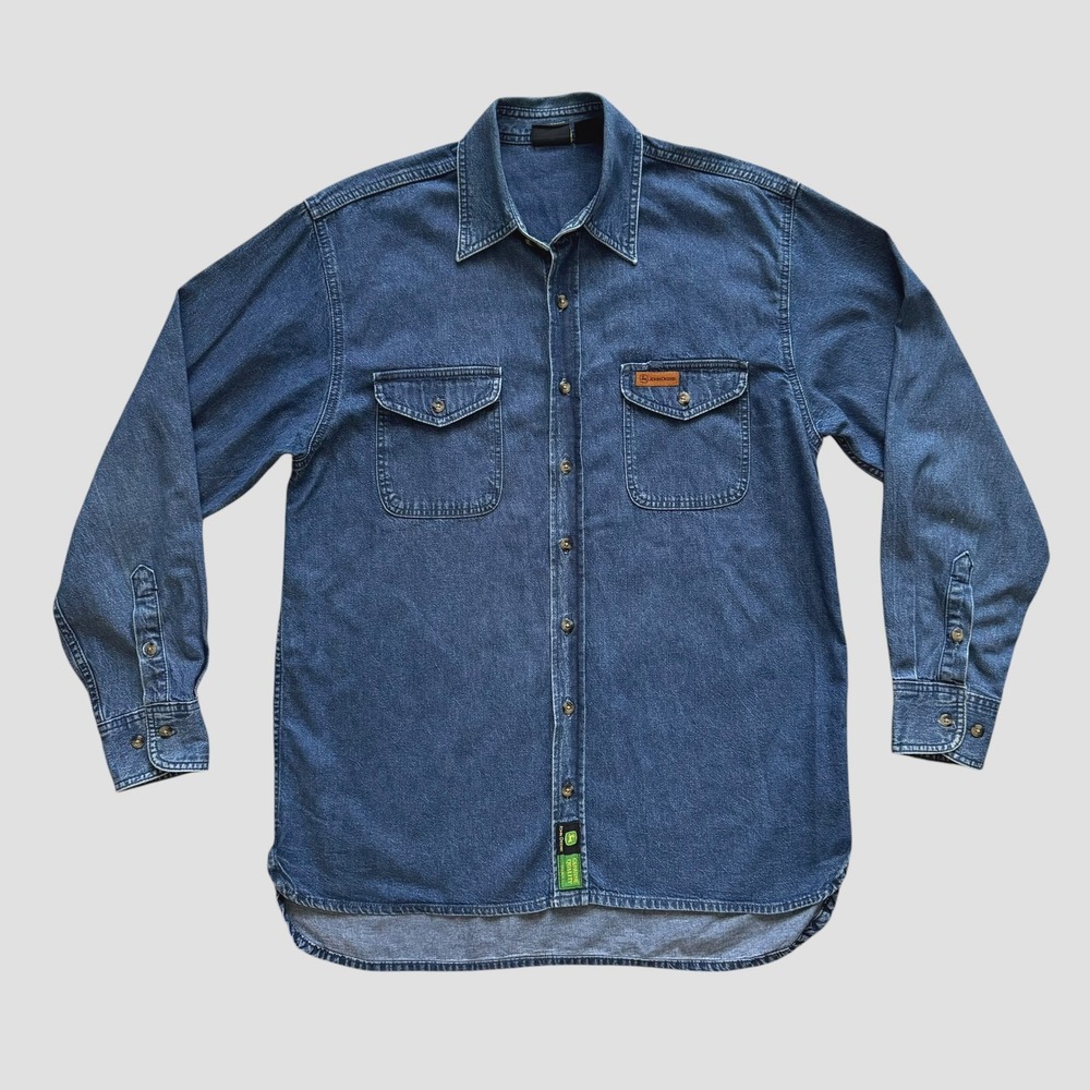 John Deere Mens Jean Denim Long Sleeve Work Shirt Size M Chore Barn Farm